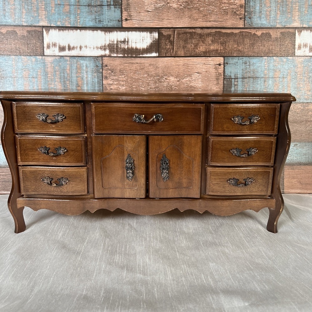 Large Vintage French Provincial‎  Musical Jewelry Box 1970s 9 Drawers